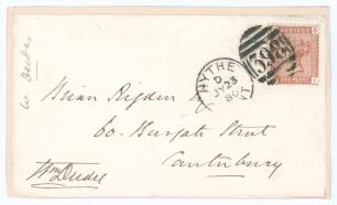 William Deedes. Gentlemen of Kent 1853. Trimmed envelope front laid to card, signed to the lower left corner &lsquo;Wm Deedes&rsquo;. The envelope addressed to a Mr Rigden of Canterbury, postmarked 23rd July 1880. Small tear to top edge, otherwise in good condition.