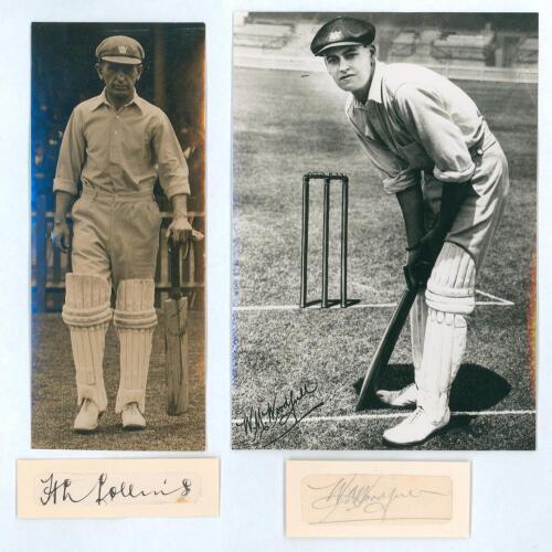 Australian Test captains 1920s-1930s. Herbie Collins and Bill Woodfull. Two signatures, one of Collins in ink, the other in pencil of Woodfull, each signature signed to piece and laid to small card. The Collins signature with accompanying press photograph