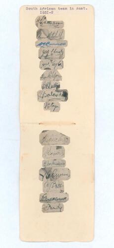 South Africa tour to Australia 1931/32. Sixteen signatures in ink, each signed individually to tightly trimmed cutting piece and laid down to two joined album pages. Players&rsquo; signatures include Cameron (Captain), Mitchell, Curnow, Christy, Taylor, Viljoen