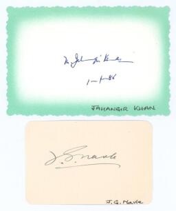 Jahangir Khan. India 1932-1936 and Janardan Gyanoba Navle. India 1932-33. Excellent ink signatures of Khan and Navle on card pieces, both probably signed in later years. Good condition