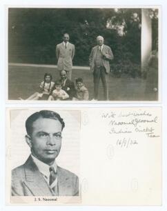 Jeoomai Makhija Naoomal. India 1932-1934. Mono postcard size photograph of Naoomal sitting with children with Sir Julian Cahn stood behind him in a park/garden. To verso the photograph is nicely signed by Naoomal with head and shoulders printed image of 
