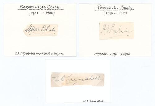 Sorabji H.M. Colah. India 1932-1933, Nariman Darabsha Marshall, a member of the 1932 Indian tour who never played a Test match and Phiroze Edulji Palia. India 1932-36. Ink signatures of the three players on paper pieces laid down to cards. Good condition