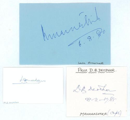 Lala Amarnath Bhardwaj. India 1933-55, Morappakam Josyam Gopalan. India 1934 (one Test) and Dinkar Balwant Deodhar, legend of Indian cricket but did&rsquo;nt play a Test for India. Excellent ink signatures of all three players on card pieces, all appear to have