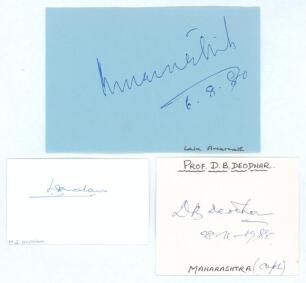 Lala Amarnath Bhardwaj. India 1933-55, Morappakam Josyam Gopalan. India 1934 (one Test) and Dinkar Balwant Deodhar, legend of Indian cricket but did&rsquo;nt play a Test for India. Excellent ink signatures of all three players on card pieces, all appear to have