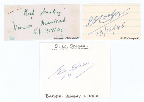 Mulvantrai Himmatlal Mankad India 1946-1959, Rustom Sorabji Cooper. not a Test player but a leading Parsee cricketer 1941-45, and Sriranga Wasudev &lsquo;Ranga&rsquo; Sohoni, India 1946-1951. Excellent ink signatures of all three players on card pieces. Good conditi
