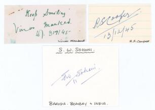 Mulvantrai Himmatlal Mankad India 1946-1959, Rustom Sorabji Cooper. not a Test player but a leading Parsee cricketer 1941-45, and Sriranga Wasudev &lsquo;Ranga&rsquo; Sohoni, India 1946-1951. Excellent ink signatures of all three players on card pieces. Good conditi