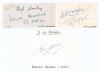 Mulvantrai Himmatlal Mankad India 1946-1959, Rustom Sorabji Cooper. not a Test player but a leading Parsee cricketer 1941-45, and Sriranga Wasudev &lsquo;Ranga&rsquo; Sohoni, India 1946-1951. Excellent ink signatures of all three players on card pieces. Good conditi