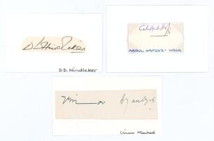 Dattaram Dharmaji Hindlekar. India 1936-1946, Abdul Hafeez Kardar. India 1946 and Pakistan 1952-1958 and Vinoo Mankad, India 1946-1959. Excellent ink signatures of all three players on paper pieces, laid down on card pieces. Good condition