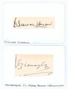 Dilawar Hussain. India 1934-1936 and Maharajkumar Kumar of Vizianagram &lsquo;Vizzy&rsquo;. India 1936. Rarer ink signatures of the two players on paper pieces laid down to cards. Good condition