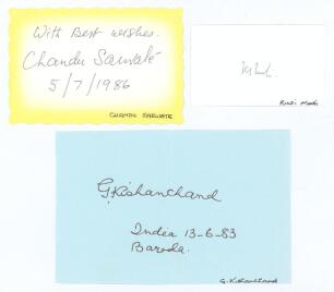 Chandrasekhar Trimbak Sarwate. 1946-1951, Rustomji Sheriyar Modi. India 1946-1952 and Gogumal Kishenchand Harisinghani. India 1947-1952. Excellent ink signatures of the three players on card pieces. Good condition