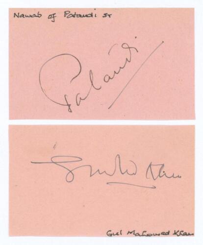 Iftikhar Ali Khan Pataudi. 8th Nawab of Pataudi. India Captain 1946 and Gul Mohammad, India 1946-1952. Excellent ink signatures of the two players on card pieces. Good condition
