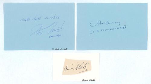 Kanwar Rai Singh. 1948 (one Test), Commandur Rajagopalachari Rangachari. India 1948 and Amir Elahi. India 1947. Excellent ink signatures of the three players two signed on card pieces. one on paper piece laid down to card. Good condition