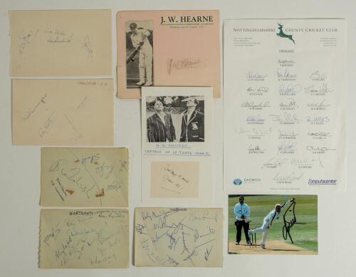 Cricket miscellany. A selection of album pages, scorecards, programmes and collectors cards. Includes two earlier individual signatures each on piece laid down, one in ink of Dudley Nourse (South Africa), the other in pencil of J.W. Hearne (Middlesex & En
