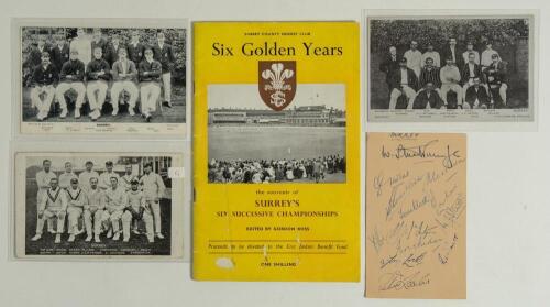 Surrey C.C.C. 1950s-1980s. A selection of Surrey related ephemera, some signed. Includes an album page signed in ink by thirteen members of the Surrey team c.1955 including Surridge (Captain), Constable, A. & E. Bedser, Clark, Laker, Stewart, McIntyre, Lo