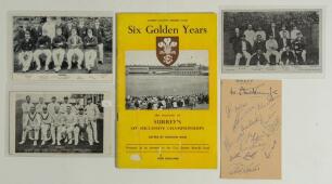 Surrey C.C.C. 1950s-1980s. A selection of Surrey related ephemera, some signed. Includes an album page signed in ink by thirteen members of the Surrey team c.1955 including Surridge (Captain), Constable, A. & E. Bedser, Clark, Laker, Stewart, McIntyre, Lo