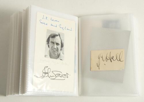 Cricket signatures 1920s onwards. Album comprising one hundred individual Test and County signatures on cards, cuttings laid to card, postcards etc. The signatures mainly modern with some earlier including Patrick M. Hall (Oxford University & Hampshire 19