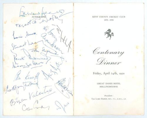 Kent County Cricket Club. Centenary Dinner 1870-1970. Official menu for the Dinner held at The Great Danes Hotel, Hollingbourne on the 24th April 1970. Printed details to front cover, menu and toast list to inner pages with Edward Heath MP, Colin Cowdrey,