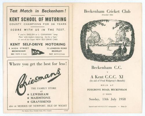 Kent. Official folding scorecard for Beckenham C.C. v A Kent C.C.C. XI 13th July 1958 (for Fred Ridgway&rsquo;s Benefit fund). nicely signed to inside autograph page by twelve members of the Kent team. Signatures include Cowdrey, Pettiford, Pretlove, Dixon, Lea