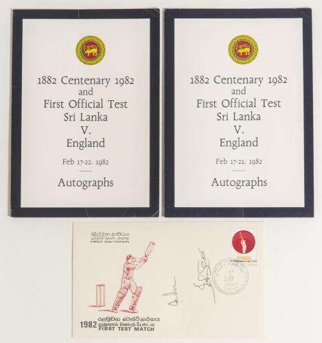 Sri Lanka. &lsquo;Centenary 1882- 1982 and First Official Test Sri Lanka v. England Feb 17- 22. 1982&rsquo;. Two folding autograph cards, one signed in ink to the inside by fifteen members of the England touring party. Signatures are Gatting, Emburey, Richards, Under
