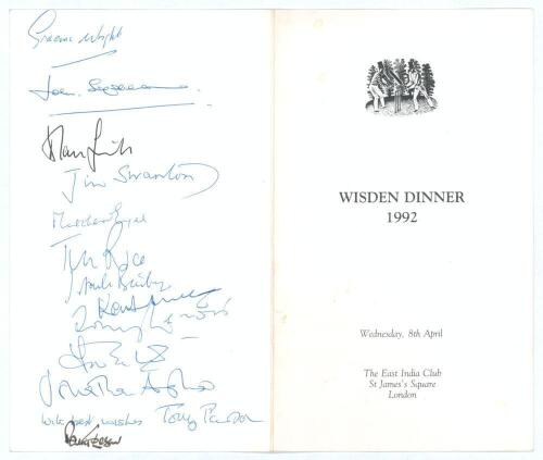 &lsquo;Wisden Dinner&rsquo; 1992. Official folding menu for the dinner held at the East India Club, London 8th April 1992. Signed to the rear page by thirteen attendees. Signatures are Graeme Wright (Editor of Wisden), John Stevenson, Alan Smith, Jim Swanton, Matthew