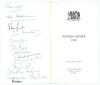 &lsquo;Wisden Dinner&rsquo; 1992. Official folding menu for the dinner held at the East India Club, London 8th April 1992. Signed to the rear page by thirteen attendees. Signatures are Graeme Wright (Editor of Wisden), John Stevenson, Alan Smith, Jim Swanton, Matthew