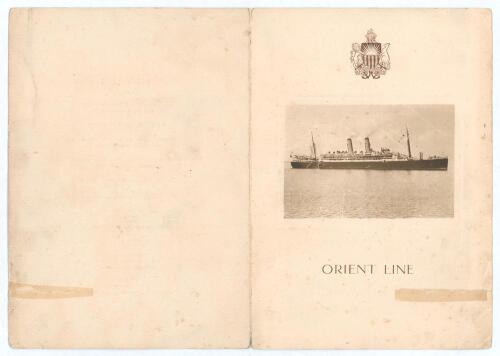 M.C.C. Australian Tour 1928/29. Official Orient Line &lsquo;S.S. Ormonde&rsquo; Dinner menu given on board &lsquo;Wednesday 27th March 1929&rsquo; at the start of the return journey from Australia. The folding menu with photographic image of the ship to front cover, the inside h