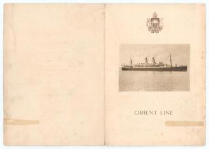 M.C.C. Australian Tour 1928/29. Official Orient Line &lsquo;S.S. Ormonde&rsquo; Dinner menu given on board &lsquo;Wednesday 27th March 1929&rsquo; at the start of the return journey from Australia. The folding menu with photographic image of the ship to front cover, the inside h