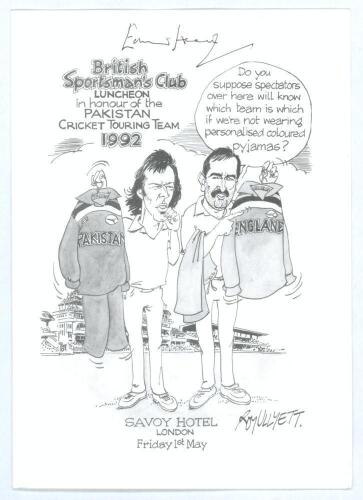 Pakistan tour to England 1992. Official menu for the British Sportsman&rsquo;s Club luncheon given to the Pakistan cricket team at the Savoy Hotel, London 1st May 1992. The menu with front cover cartoon by Roy Ullyett of Imran Khan and Graham Gooch holding up t