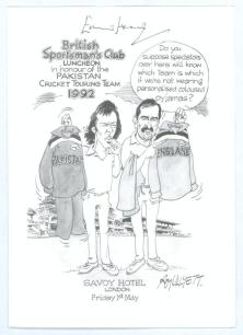 Pakistan tour to England 1992. Official menu for the British Sportsman&rsquo;s Club luncheon given to the Pakistan cricket team at the Savoy Hotel, London 1st May 1992. The menu with front cover cartoon by Roy Ullyett of Imran Khan and Graham Gooch holding up t