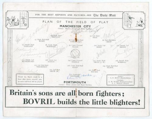 Australia tour to England 1934. Official programme for the F.A. Cup Final, Portsmouth v Manchester City, played at Wembley Stadium 28th April 1934. The programme signed in pencil (one in ink) to the centre &lsquo;field of play&rsquo; pages by fourteen attendees inclu