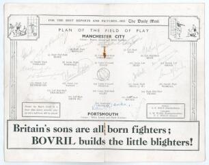 Australia tour to England 1934. Official programme for the F.A. Cup Final, Portsmouth v Manchester City, played at Wembley Stadium 28th April 1934. The programme signed in pencil (one in ink) to the centre &lsquo;field of play&rsquo; pages by fourteen attendees inclu