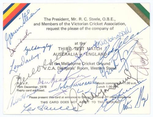 The Ashes. Australia v England, Melbourne 1978/79. Official invitation card issued by the Victoria Cricket Association for admission to the V.C.A. Delegates Room for the 3rd Test at Melbourne, 29th December 1978- 3rd January 1979. The invitation dated 15t