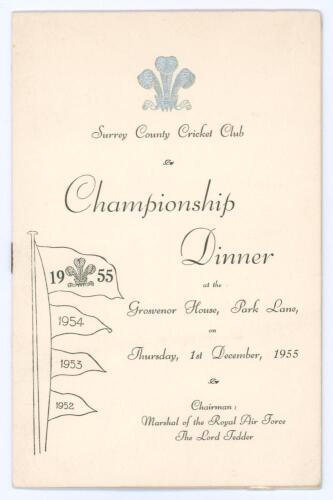 &lsquo;Surrey County Cricket Club Championship Dinner&rsquo; 1955. Official menu for the Dinner held at The Grosvenor House, Park Lane on the 1st December 1955. The menu with raised silver Club emblem of the Prince of Wales feathers and titles to front cover, inside 