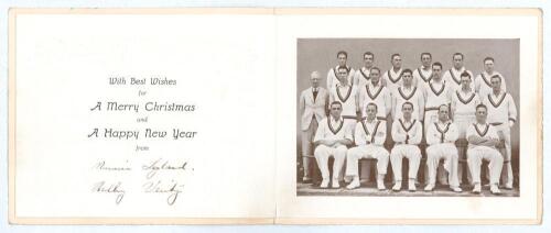 Hedley Verity and Maurice Leyland. Yorkshire & England. Official M.C.C. Christmas card from the M.C.C. tour of Australia 1936/37. With &lsquo;M.C.C. Australian Tour 1936-37&rsquo; title and M.C.C. colours to cover. To inside a paper insert with picture of the M.C.C. 