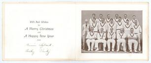 Hedley Verity and Maurice Leyland. Yorkshire & England. Official M.C.C. Christmas card from the M.C.C. tour of Australia 1936/37. With &lsquo;M.C.C. Australian Tour 1936-37&rsquo; title and M.C.C. colours to cover. To inside a paper insert with picture of the M.C.C. 