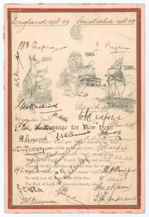M.C.C. tour to Australia 1928/29. Original and rare single sided printed card titled &lsquo;A Message for the New Year&rsquo;. The card, with borders in M.C.C. colours of red and gold, M.C.C. emblem to top, with illustration below depicting a lion playing the guitar 