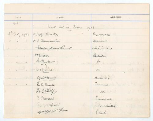 West Indies tour of England 1923. A page from a hotel register signed to both sides in ink by the entire West Indies touring party and the tour manager to England. The register headed &lsquo;West Indies team 1923&rsquo; and nicely signed in ink H.B.G. Austin (Cpt), C