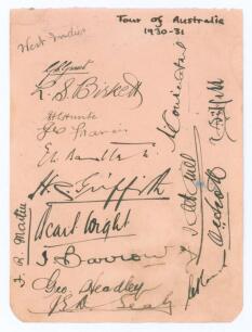 West Indies tour of Australia 1930/31. A small album page nicely signed in ink by the entire West Indies touring party to Australia. The page headed &lsquo;West Indies tour of Australia 1930-31&rsquo; and nicely signed in ink by Grant (Cpt), Birkett, Barrow, Bartlett