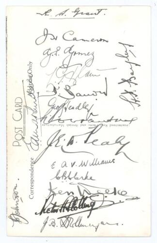 West Indies tour of England 1939. Mono real postcard of the West Indies touring team to England. Beautifully signed to verso by all sixteen members of the touring team in ink. Signatures are Grant (Cpt), Cameron, Gomez, Barrow, Headley, Constantine, Willi
