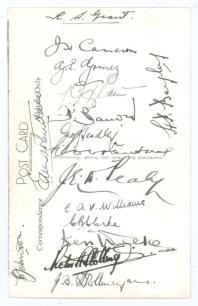 West Indies tour of England 1939. Mono real postcard of the West Indies touring team to England. Beautifully signed to verso by all sixteen members of the touring team in ink. Signatures are Grant (Cpt), Cameron, Gomez, Barrow, Headley, Constantine, Willi