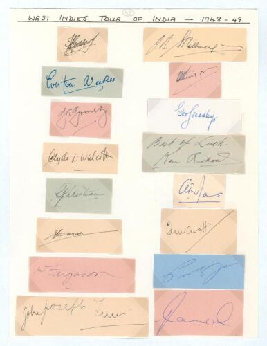 West Indies tour of India 1948/49. Sheet of paper containing the individual ink signatures on paper pieces of all sixteen members of the touring party, each loosely attached to the sheet, so removable. Signatures are Goddard (Cpt), Gomez, Atkinson, Camero