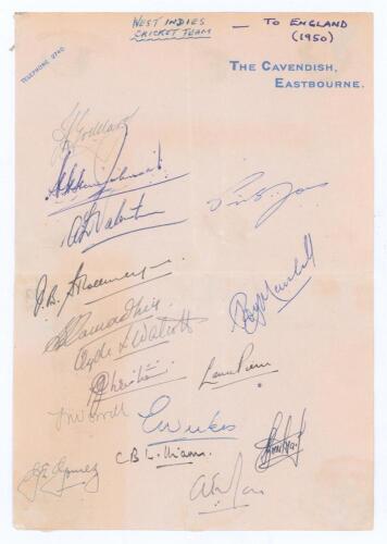 West Indies tour of England 1950. Sheet of Hotel Cavendish, Eastbourne headed paper nicely signed by all sixteen members of the West Indies touring party to England. Signatures are Goddard (Cpt), Christiani, Rae, Johnson, Ramadhin, Valentine, Jones, Gomez