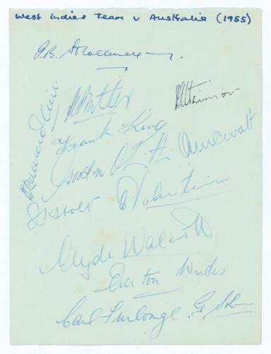 West Indies v Australia 1954/55. Album page nicely signed by the West Indies team who played Australia in the 2nd Test at Port of Spain11th-16th April 1955. Signatures are Stollmeyer (Cpt), Holt, Walcott, Weekes, Cammie Smith, Sobers, McWatt, King, Ramadh