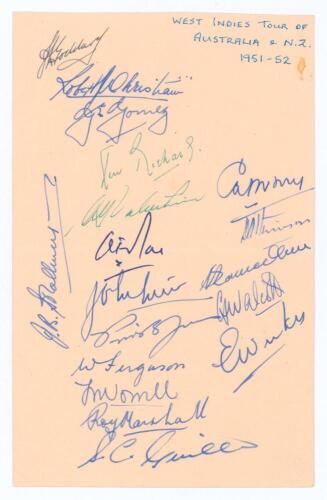 West Indies tour of Australia & New Zealand 1951/52. Album page nicely signed by all seventeen members of the touring party. Signatures are Goddard (Cpt), Stollmeyer, Atkinson, Christiani, Ferguson, Gomez, Guillen, Jones, Marshall, Rae, Ramadhin, Rickards