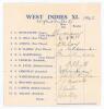 West Indies XI 1943. Part of a scorecard showing the printed listing of the West Indies XI who played English Counties XI in 1943. The card signed by all eleven of the West Indies team listed. Signatures are Constantine (Cpt), St Hill, Achong, Clarke, Mar