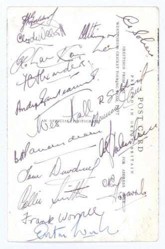 West Indies tour of England 1957. Sepia real postcard of the West Indies touring team to England. Nicely signed to verso by all seventeen members of the touring team in ink. Signatures are Goddard (Cpt), Walcott, Alexander, Asgarali, Atkinson, Dewdney, Ga