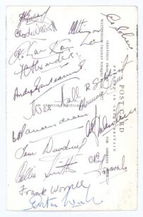 West Indies tour of England 1957. Sepia real postcard of the West Indies touring team to England. Nicely signed to verso by all seventeen members of the touring team in ink. Signatures are Goddard (Cpt), Walcott, Alexander, Asgarali, Atkinson, Dewdney, Ga