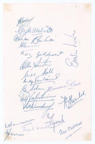 West Indies tour of England 1957. Sheet of notepaper signed by all seventeen members of the touring team in ink. Signatures are Goddard (Cpt), Walcott, Alexander, Asgarali, Atkinson, Dewdney, Ganteaume, Gilchrist, Hall, Kanhai, Smith, Pairaudeau, Ramadhin