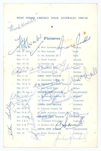 West Indies tour of Australia 1960/61. Trans-Australia Airlines four page folding itinerary for the tour with titles to front cover, tour fixtures to the two inside pages and the touring party is listed to back cover along with T.A.A. Office addresses and