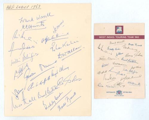 West Indies tour of England 1963. Paper page with handwritten heading &lsquo;West Indies 1963&rsquo; very nicely signed by all seventeen members of the touring party to England. Signatures are Worrell (Cpt), Hunte, McMorris, Nurse, Butcher, Solomon, Sobers, Allan, Ha